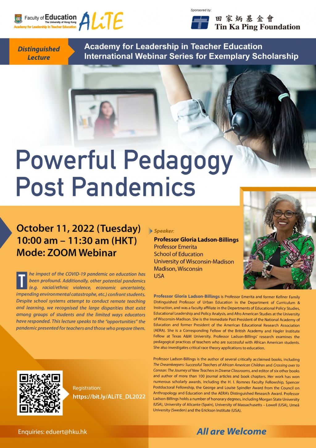 Powerful Pedagogy Post Pandemics – ALiTE International Webinar by Professor Gloria Ladson-Billings, University of Wisconsin-Madison, USA