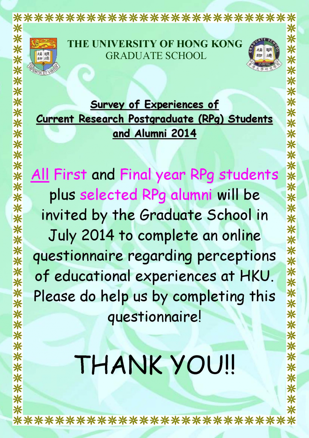Survey of Experiences of Current Research Postgraduate (RPg) Students and Alumni 2014
