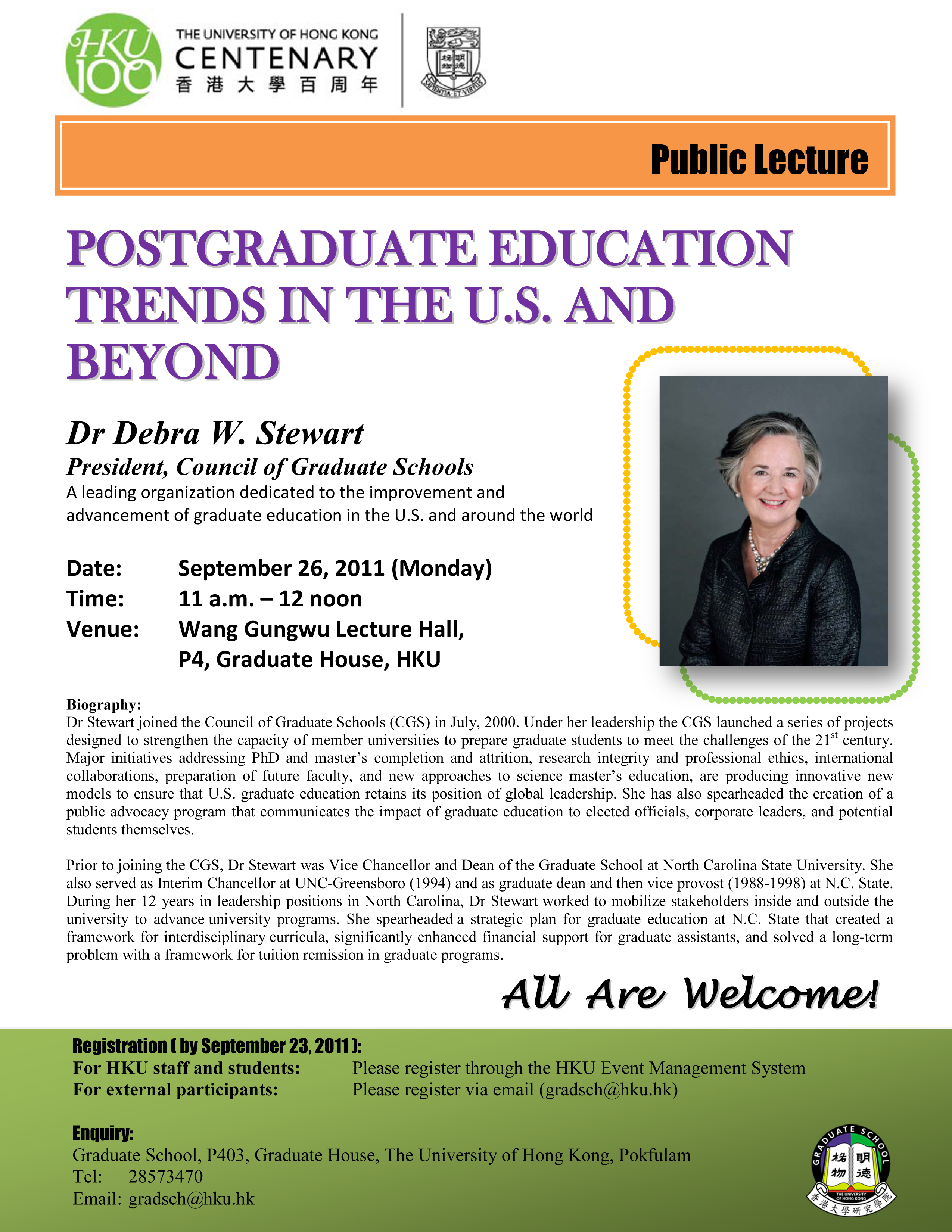 “Postgraduate Education Trends in the U.S. and Beyond” – Public Lecture by Dr Debra W. Stewart