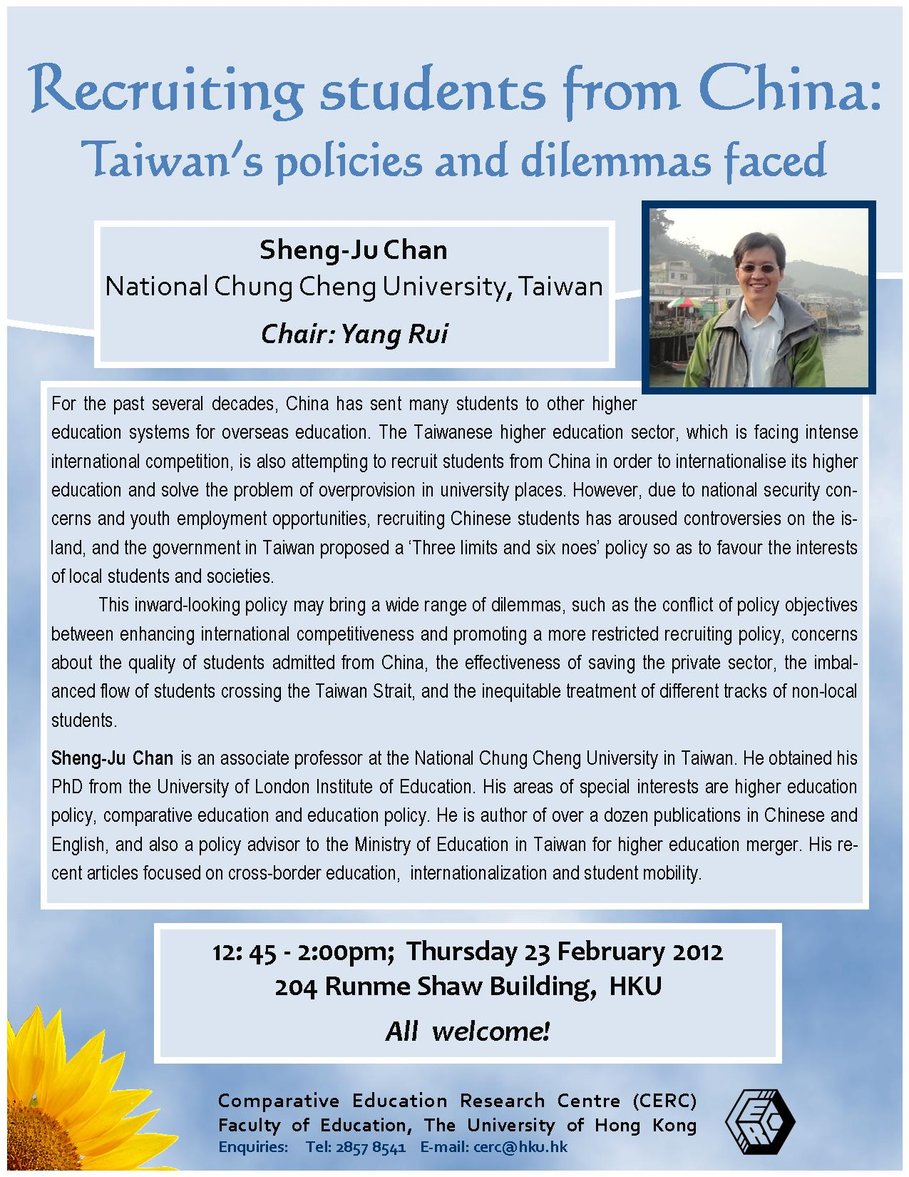 Seminar - Recruiting students from China: Taiwan’s policies and dilemmas faced
