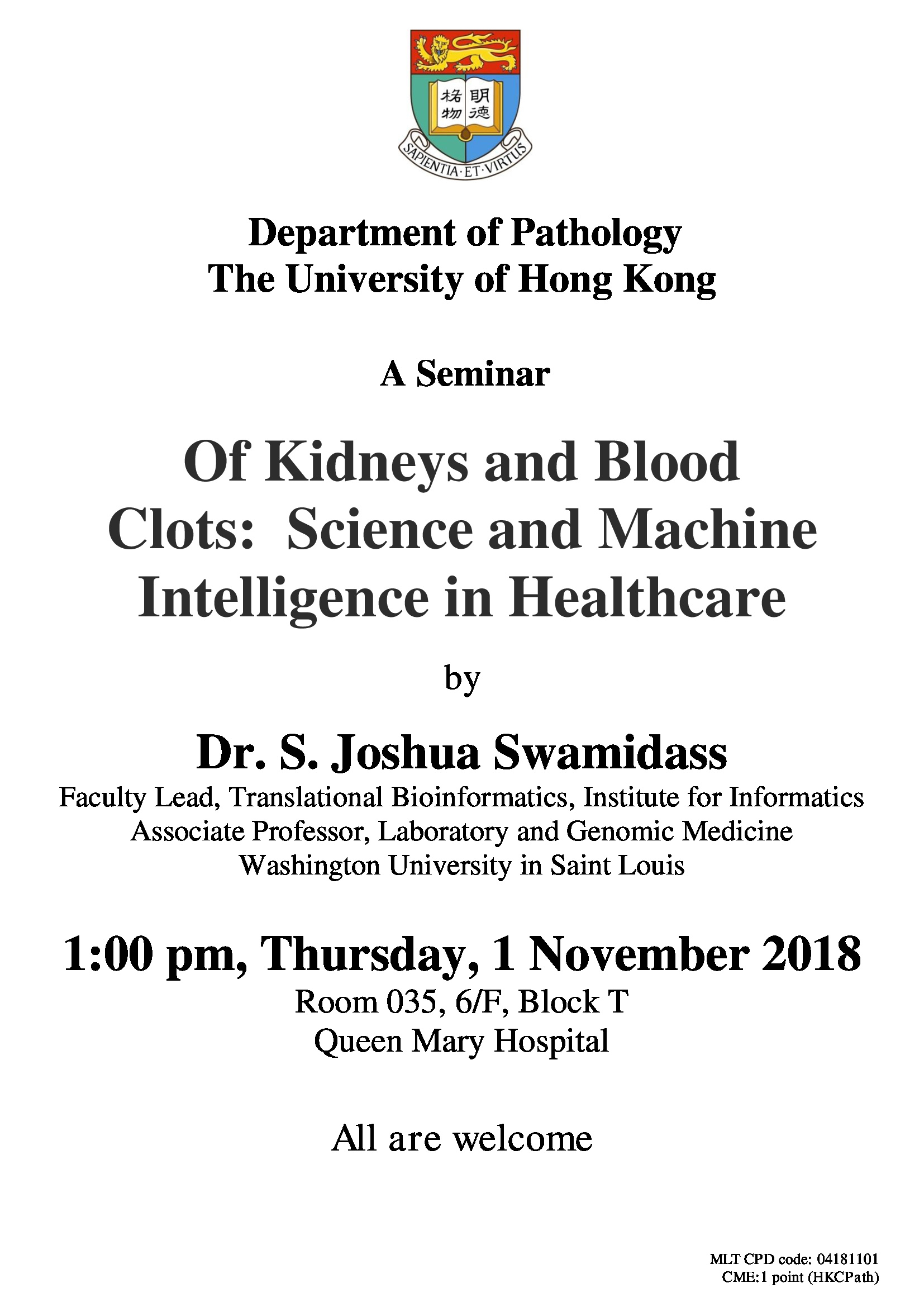 A Seminar by Dr. S. Joshua Swamidass on 1 Nov (1 pm)