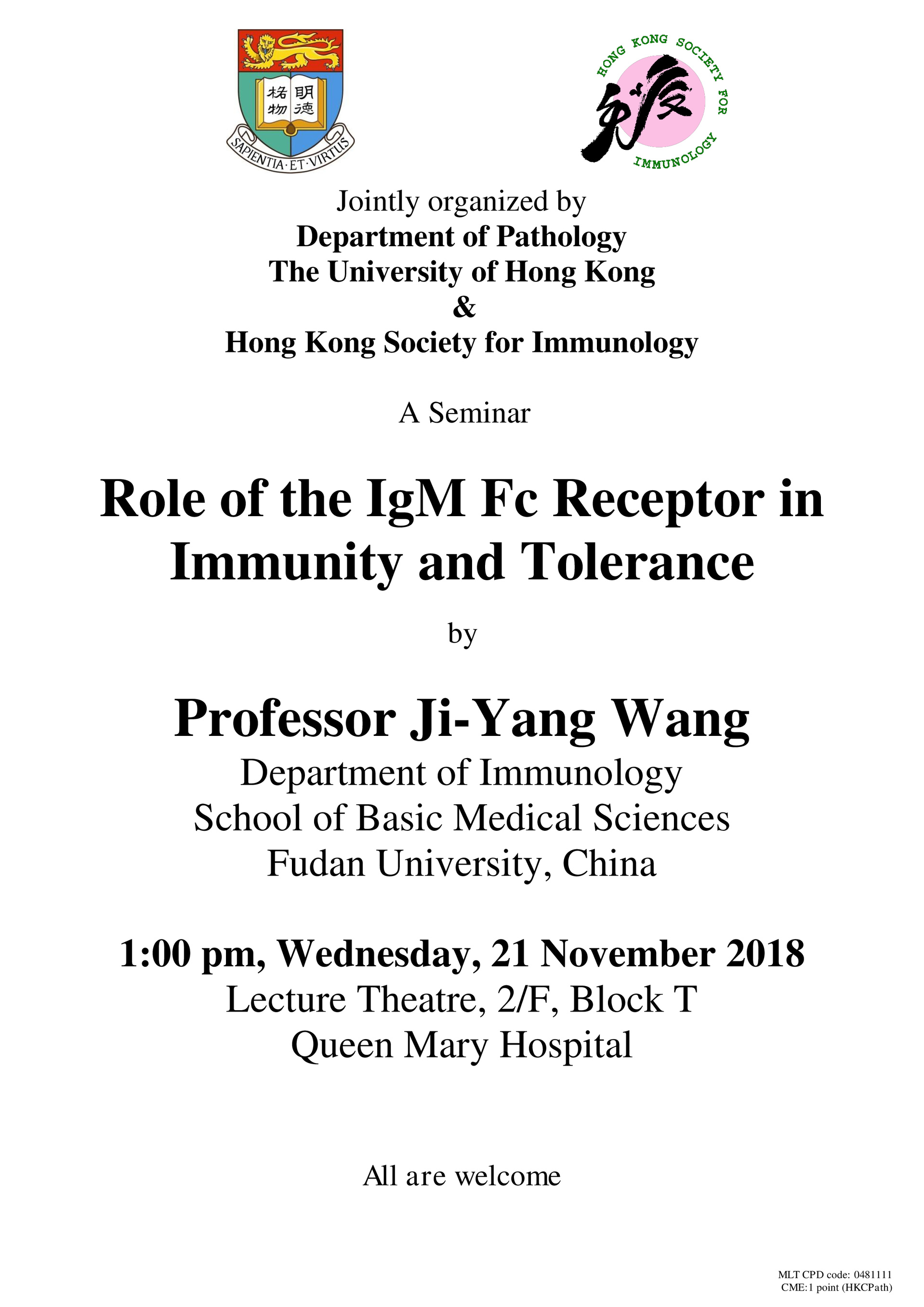 A Seminar by Prof Ji-Yang Wang on 21 Nov (1pm)
