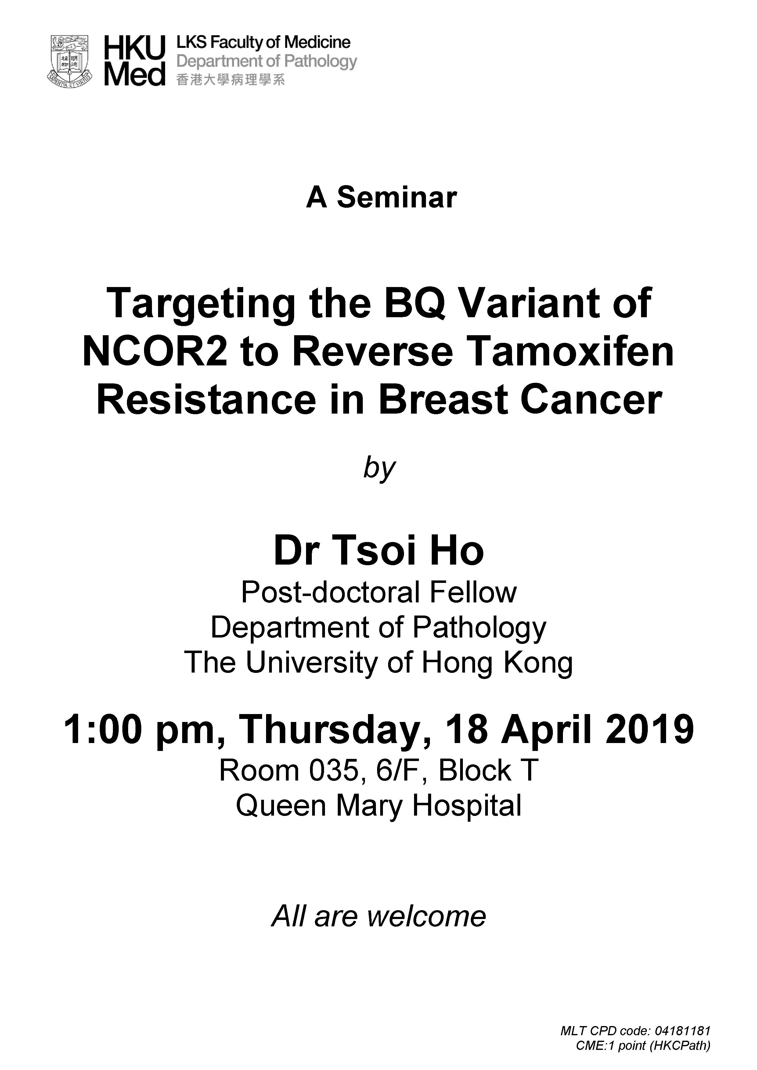 A seminar by Dr Tsoi Ho on 18 April 2019 (1pm)