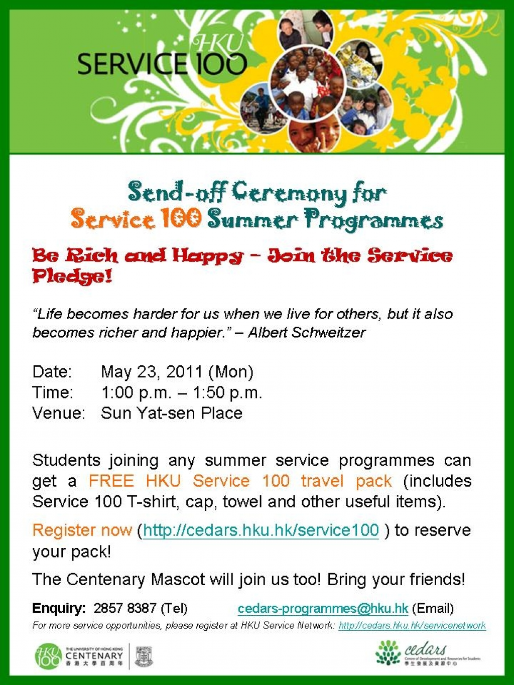 Send-off Ceremony ~ Party, mini service project exhibition, Centenary Mascot and more 