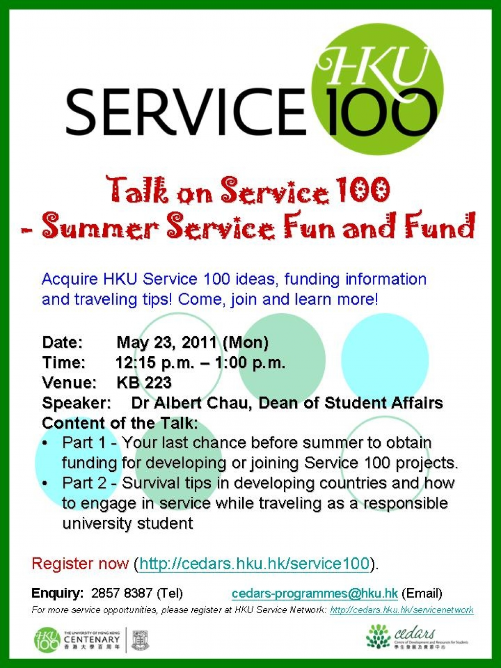 Talk on Service 100 - Summer Service Fun and Fund (Speaker: Dr Albert Chau, Dean of Student Affairs)