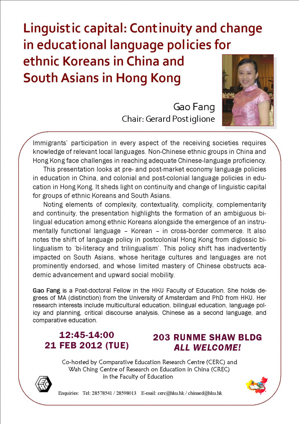 Seminar: Linguistic capital: Continuity and change in educational language policies for ethnic Koreans in China and South Asians in Hong Kong