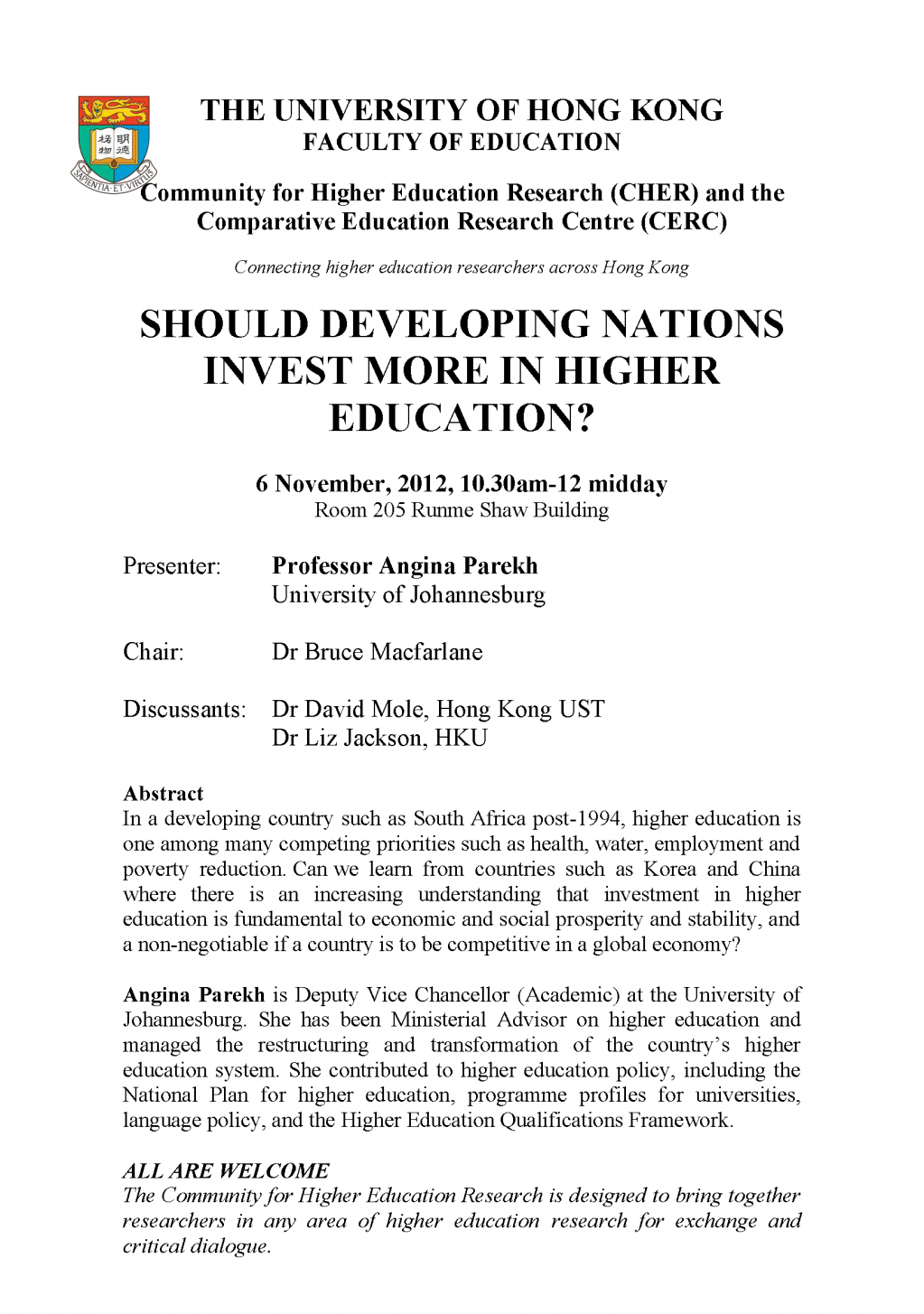 Seminar: SHOULD DEVELOPING NATIONS INVEST MORE IN HIGHER EDUCATION?