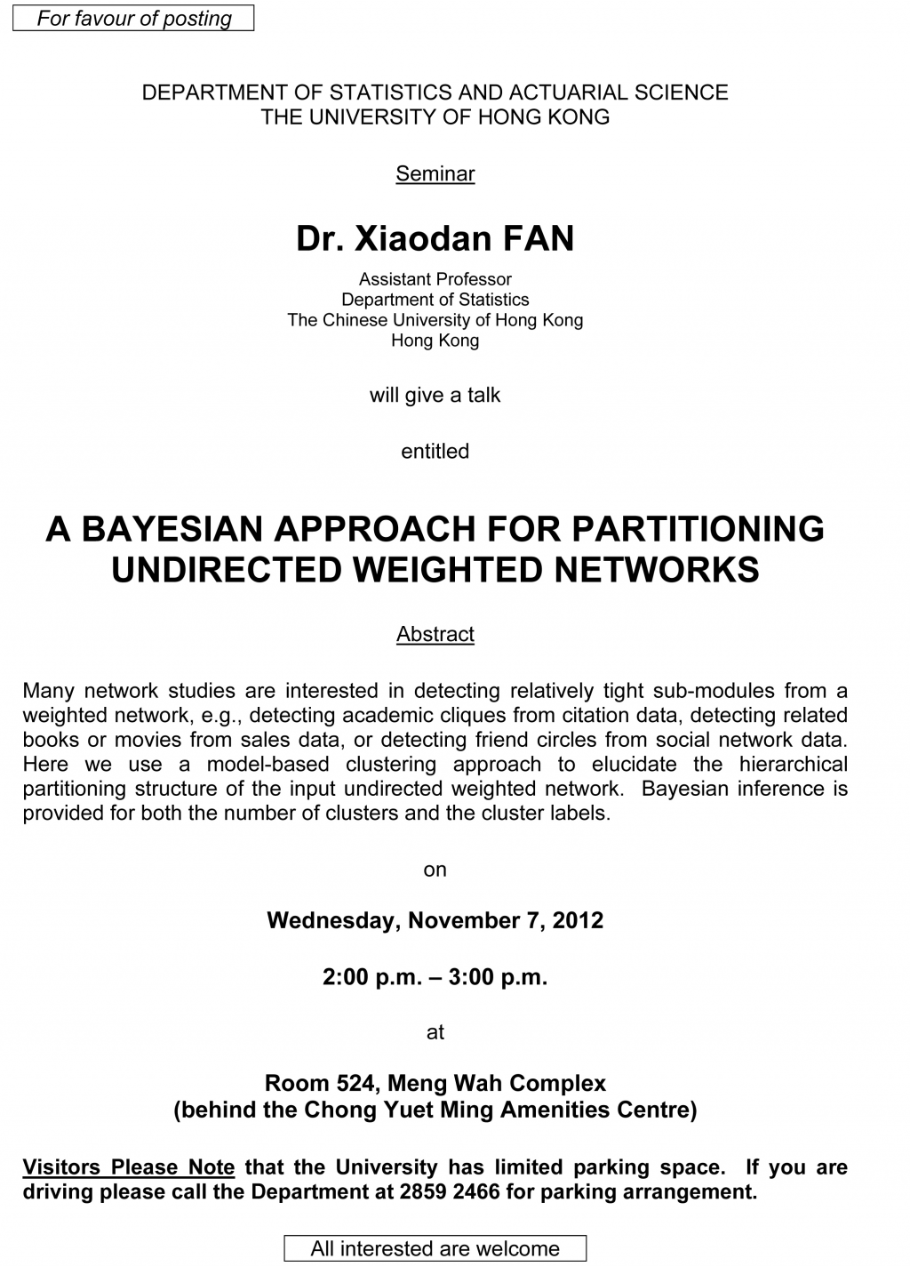 Seminar on 'A Bayesian approach for partitioning undirected weighted networks' by Dr. Xiaodan FAN