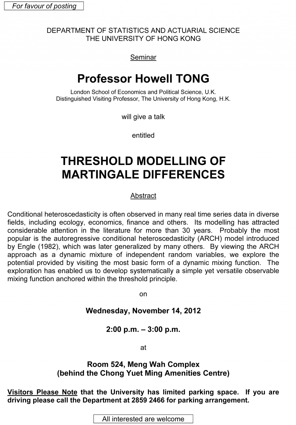 Seminar on 'Threshold modelling of martingale differences' by Professor Howell TONG