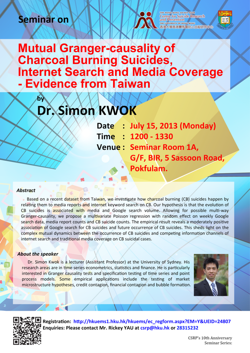 Seminar: Mutual Granger-causality of Charcoal Burning Suicides, Internet Search and Media Coverage - Evidence from Taiwan  