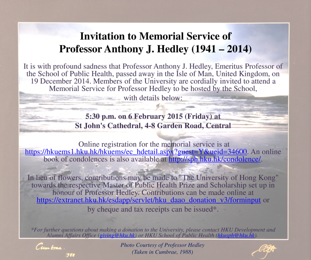 Invitation to Memorial Service of Professor Anthony J. Hedley (1941-2014)