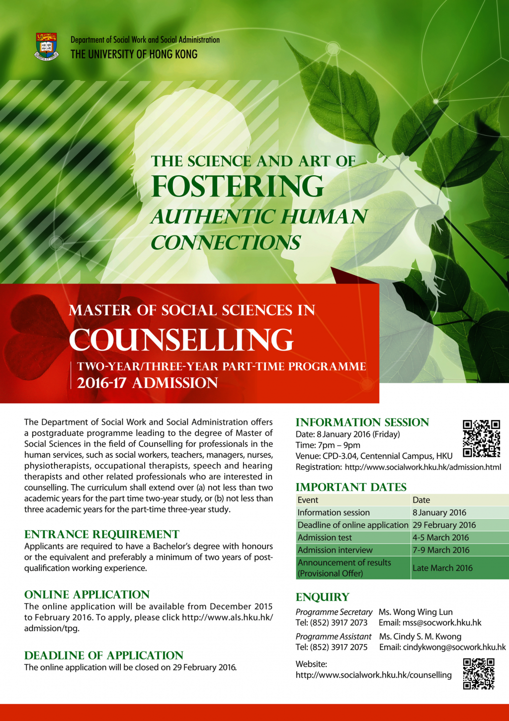HKU MSocSc (Counselling) Admission Information