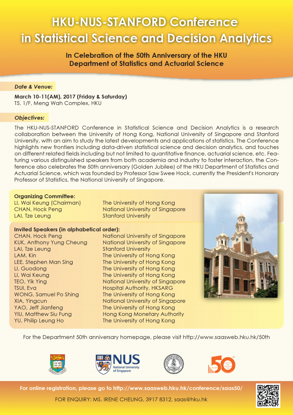 HKU-NUS-STANFORD Conference in Statistical Science and Decision Analytics on March 10-11(AM), 2017