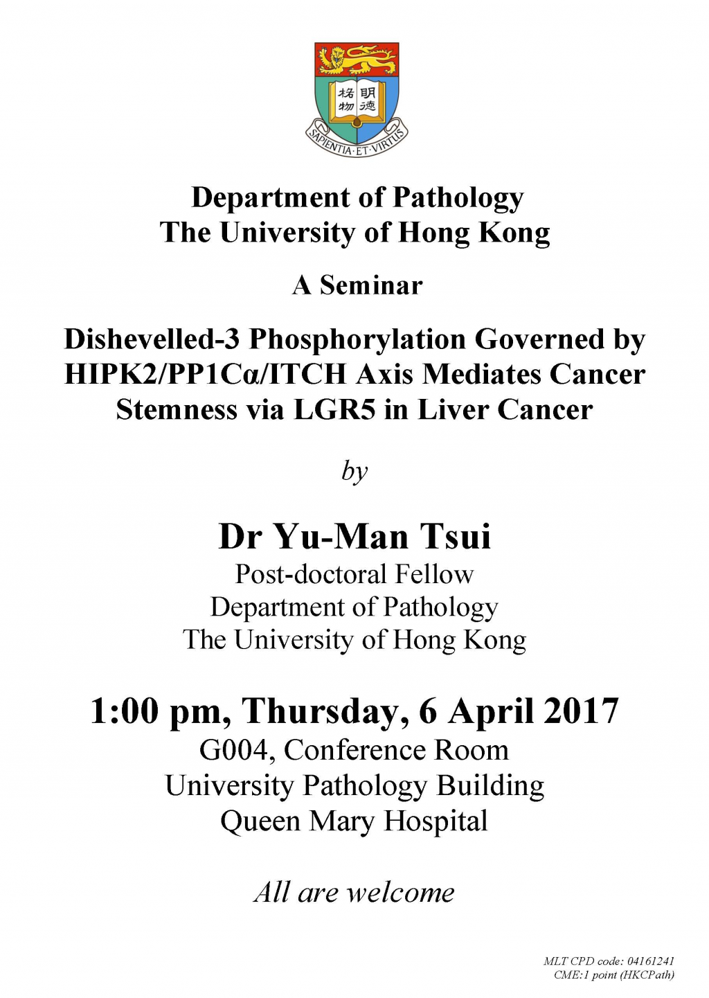 Seminar by Dr Yu-Man Tsui on 6 April 2017 (1pm)