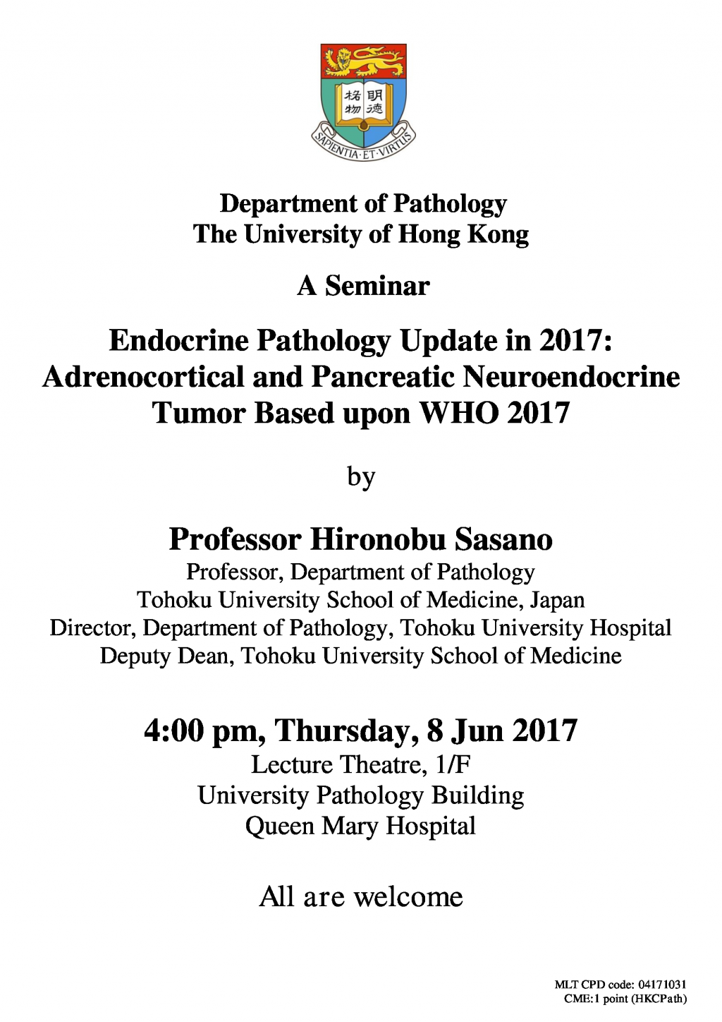 A Seminar by  Professor Hironobu Sasano on 8 Jun (4pm)