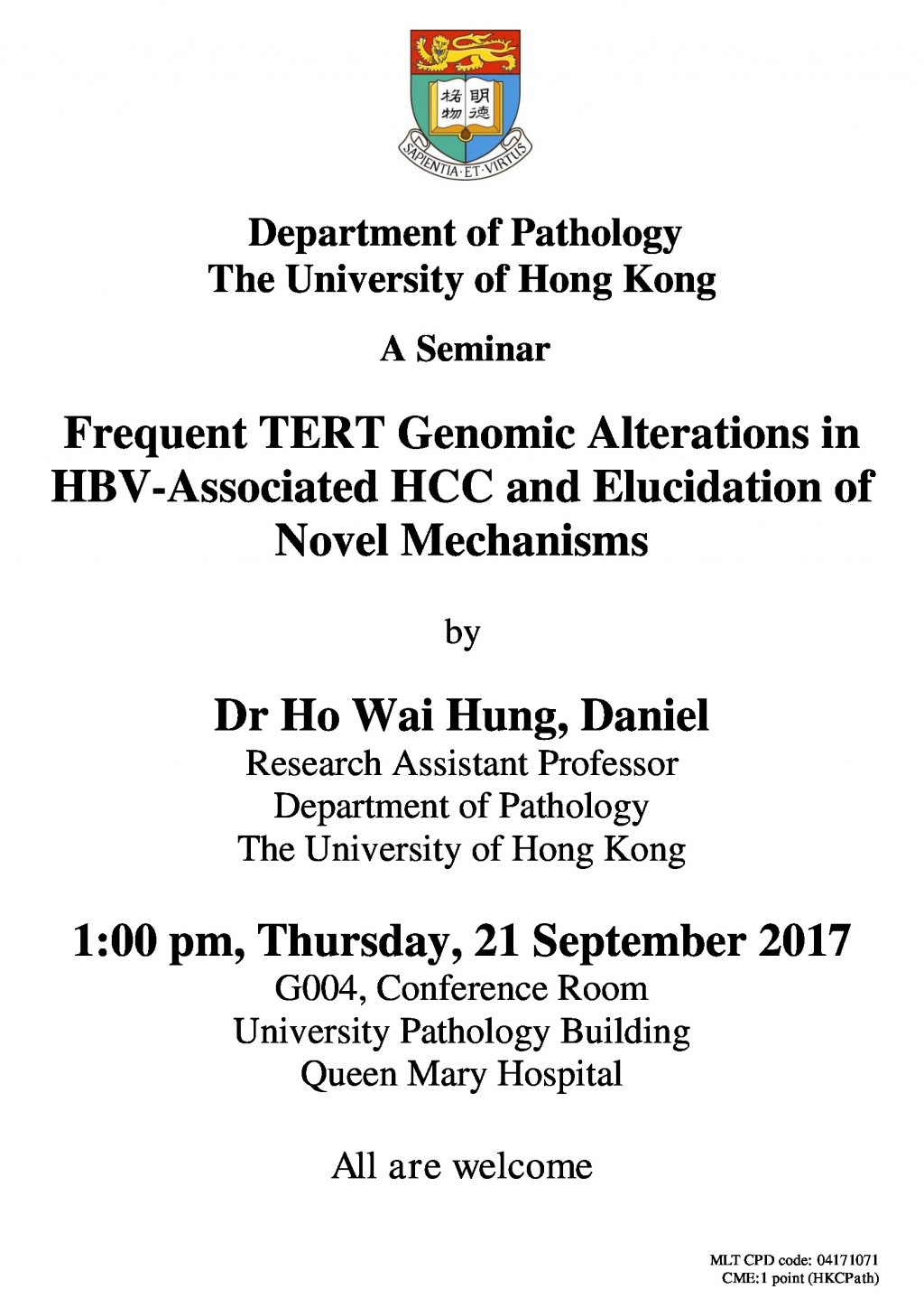 A Seminar by Dr Ho Wai Hung, Daniel on 21 Sep (1pm)
