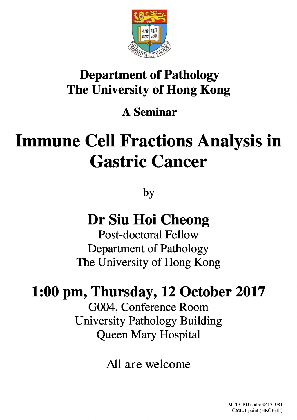 A Seminar  Immune Cell Fractions Analysis in Gastric Cancer  by  Dr Siu Hoi Cheong