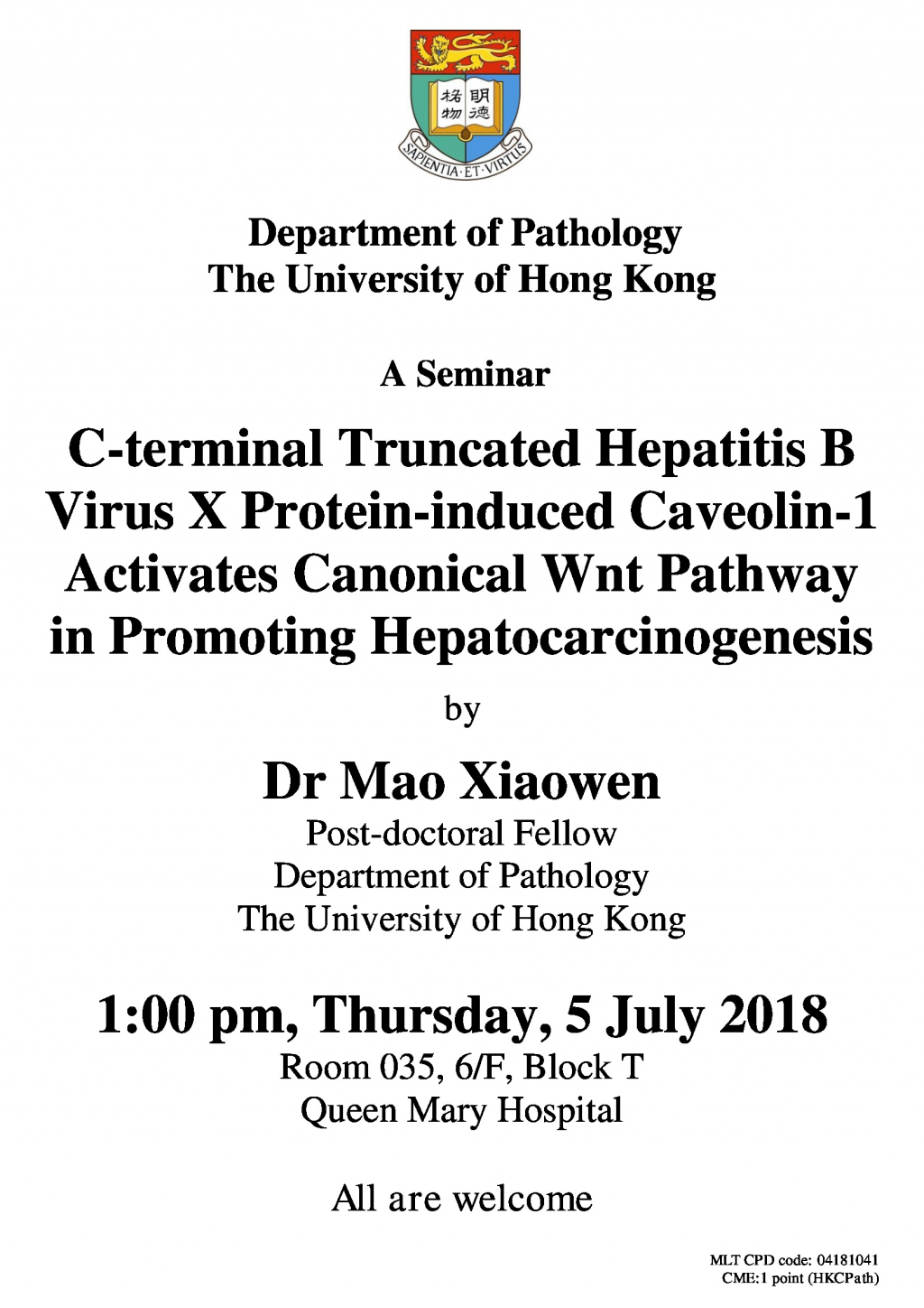 A Seminar by Dr Mao Xiaowen on 5 July (1 pm)