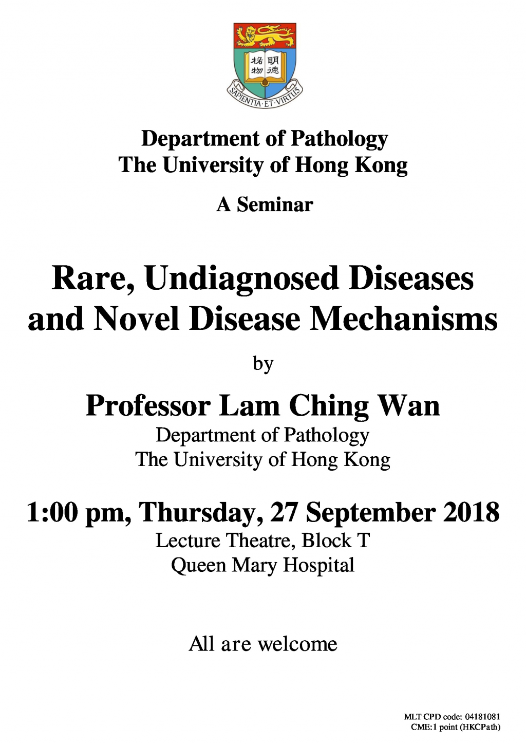 A Seminar by Professor Lam Ching Wan on Sept 27 (1 pm)