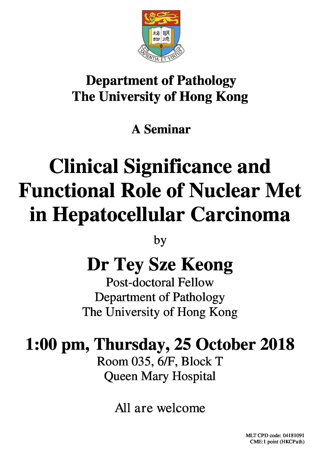 A Seminar by Dr Tey Sze Keong on Oct 25 (1 pm)