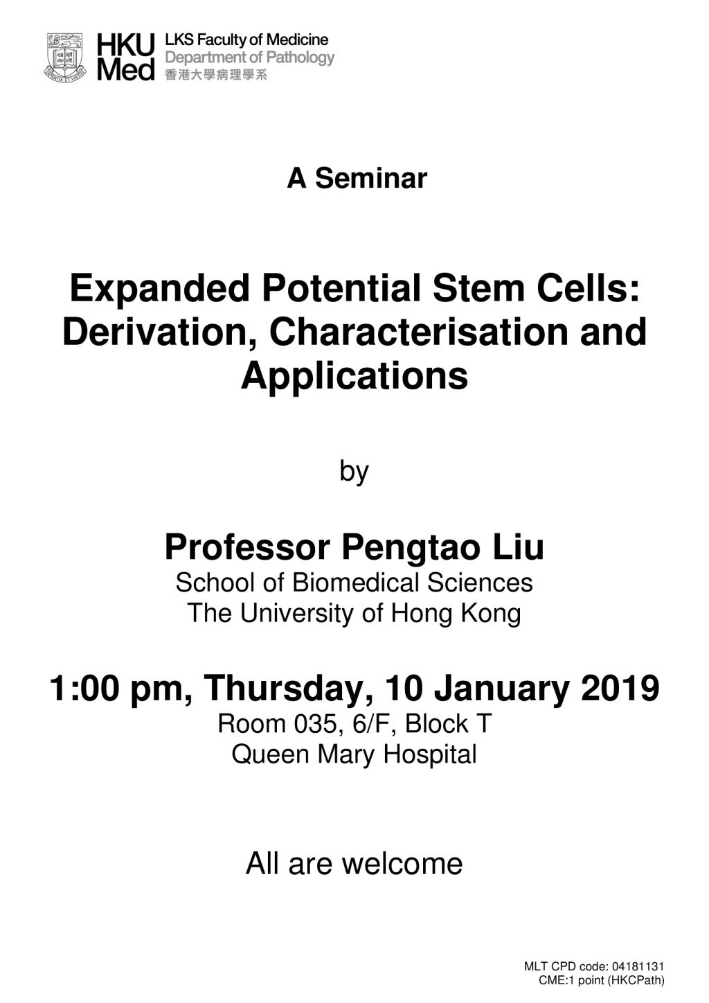 A seminar by Professor Pengtao Liu on 10 Jan 2019 (1 pm)