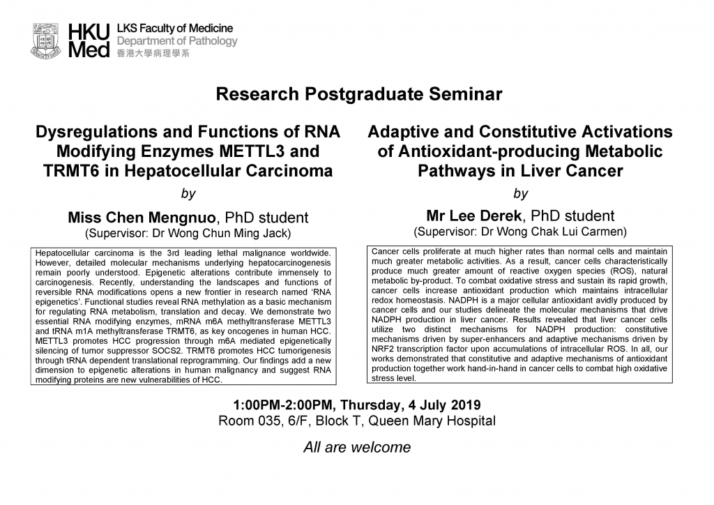 Research Postgraduate Seminar on 4 July (1 pm)