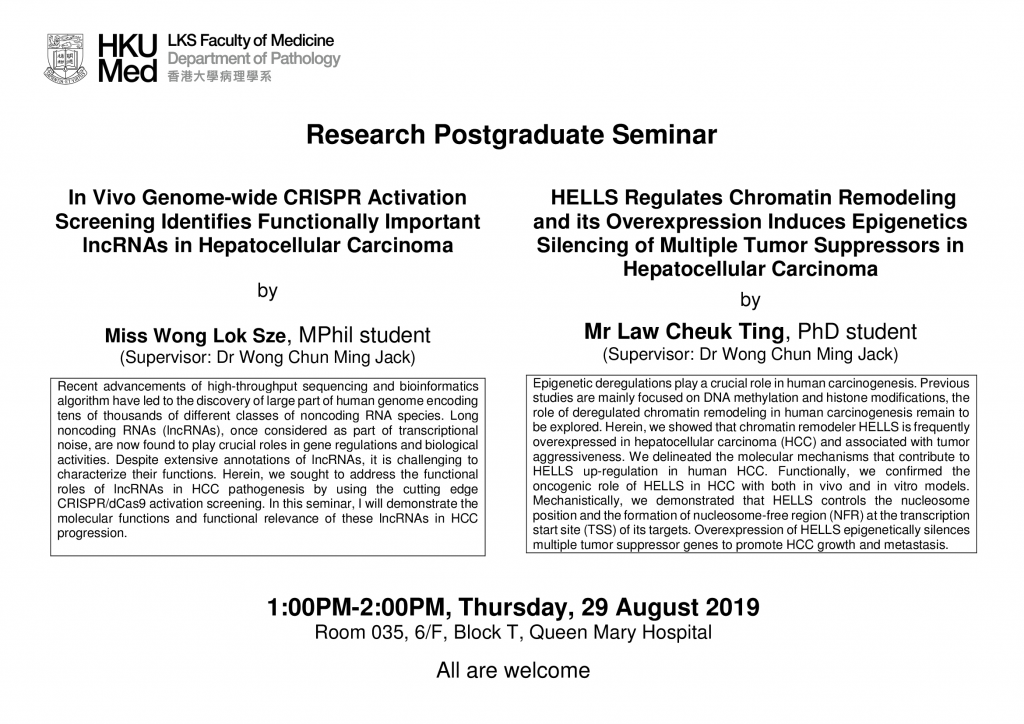 Research Postgraduate Seminar on 29 Aug (1 pm)