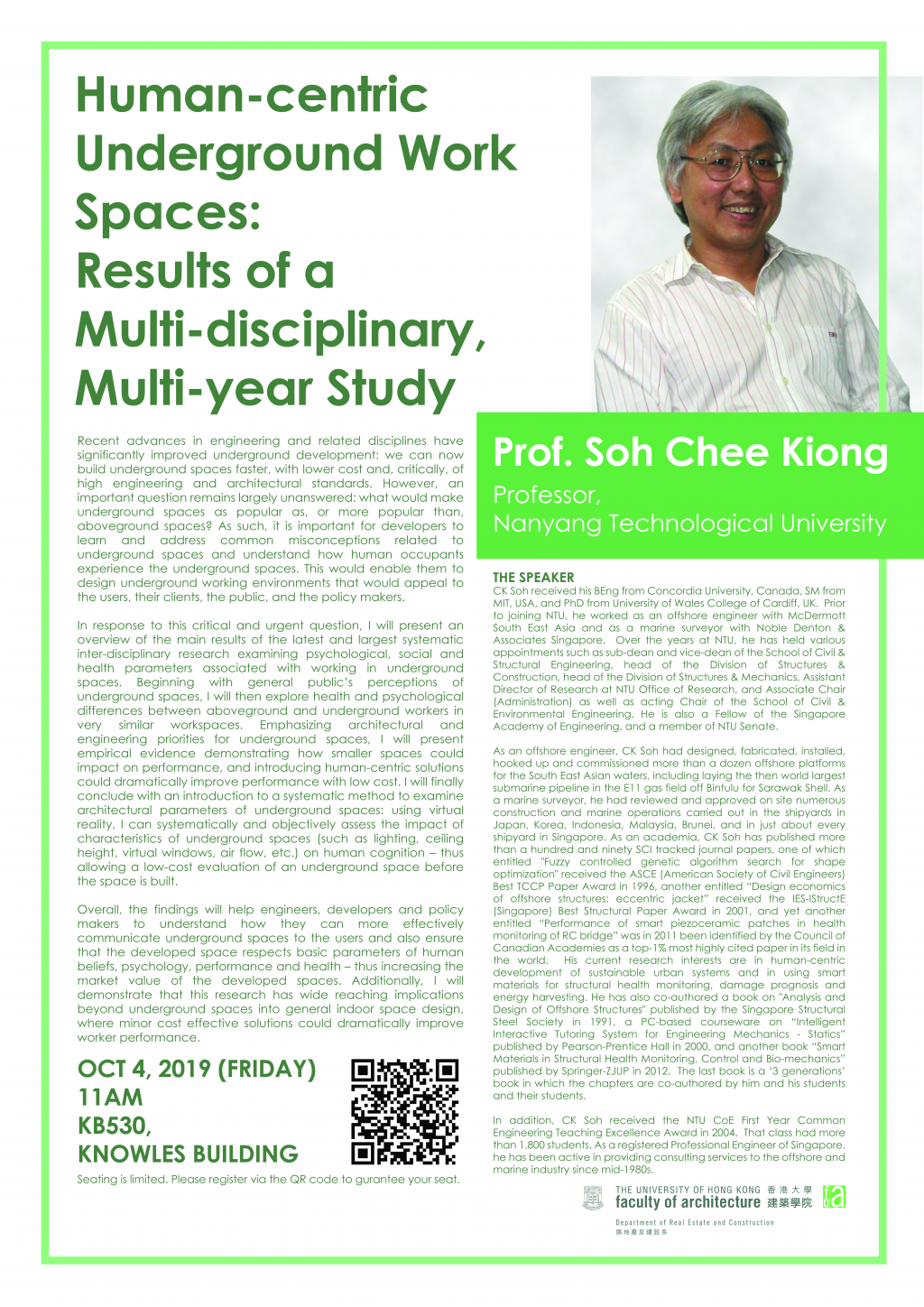Seminar by Prof. Soh Chee Kiong - Human-centric Underground Work Spaces: Results of a Multi-disciplinary, Multi-year Study