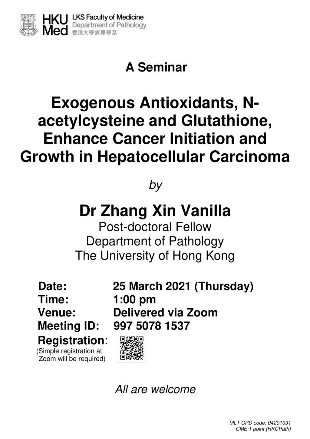 Seminar by Dr Zhang Xin Vanilla on 25 March (1 pm)