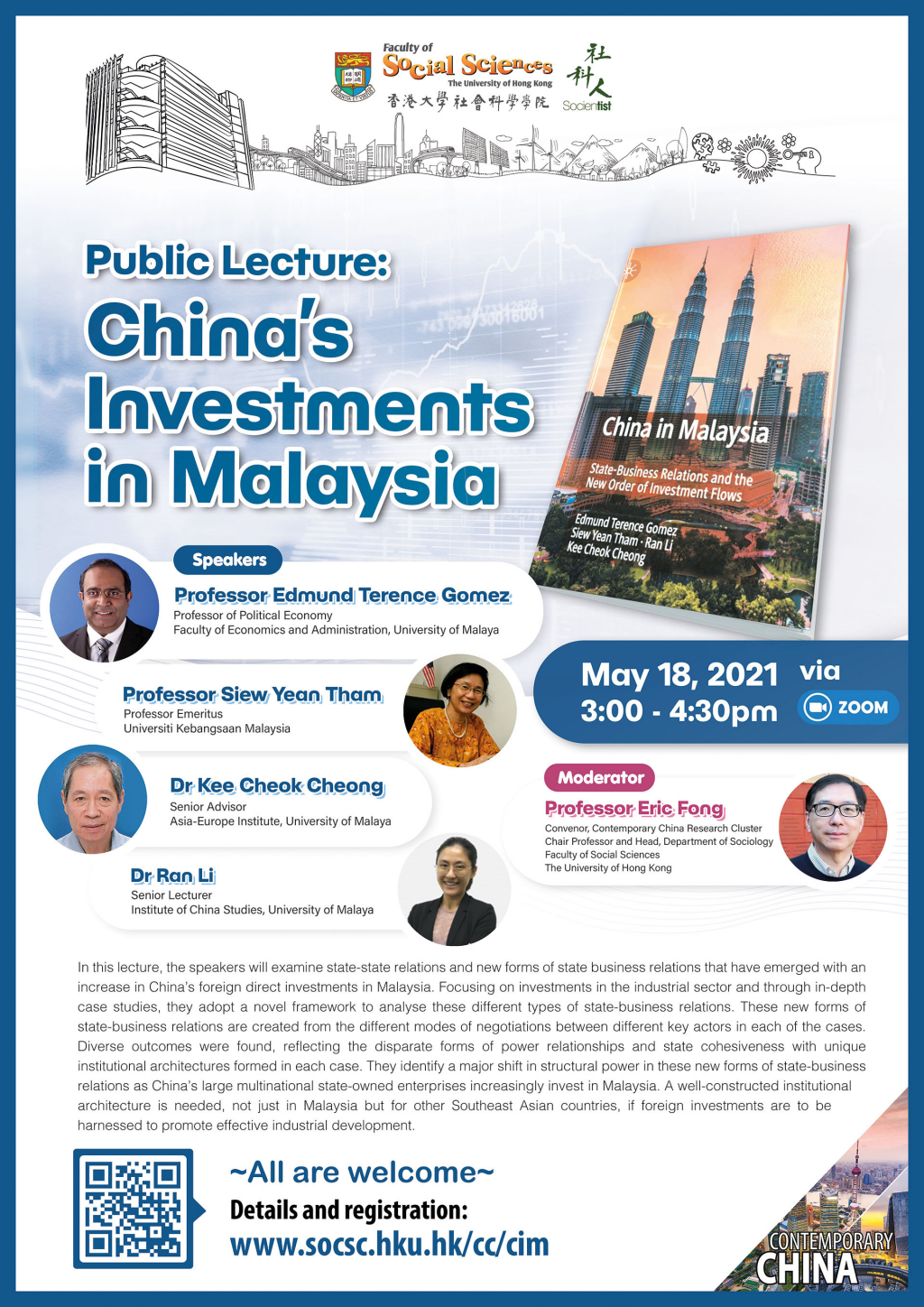 Contemporary China Research Cluster Public Lecture: China's Investments in Malaysia (May 18, 3pm)