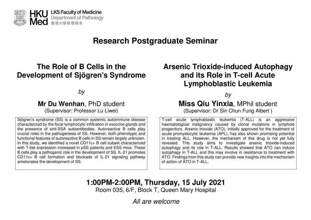 Research Postgraduate Seminar on 15 July (1 pm)