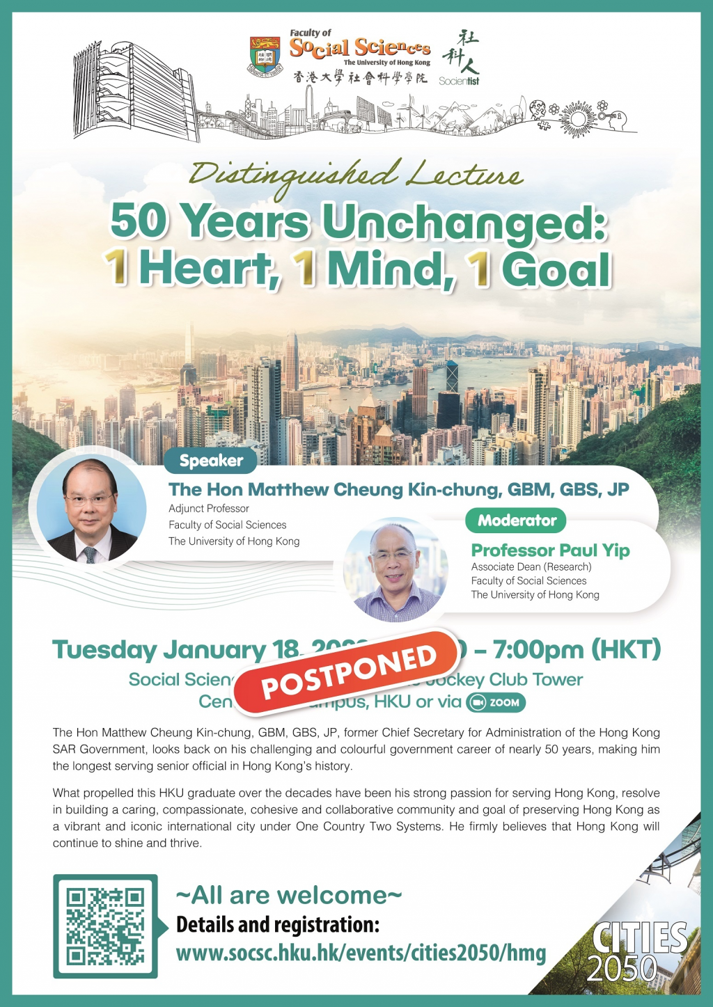 [POSTPONED]: Cities 2050 Research Cluster Distinguished Lecture - 50 Years Unchanged: 1 Heart, 1 Mind, 1 Goal (January 18, 2022)