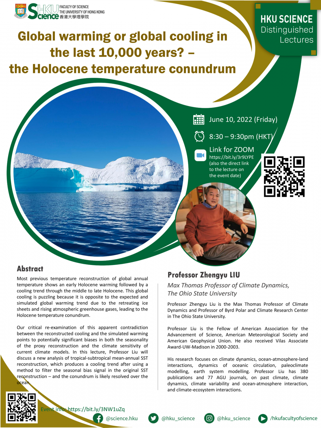 HKU Science Distinguished Lecture (June 10) on Holocene temperature conundrum by Prof. Zhengyu Liu