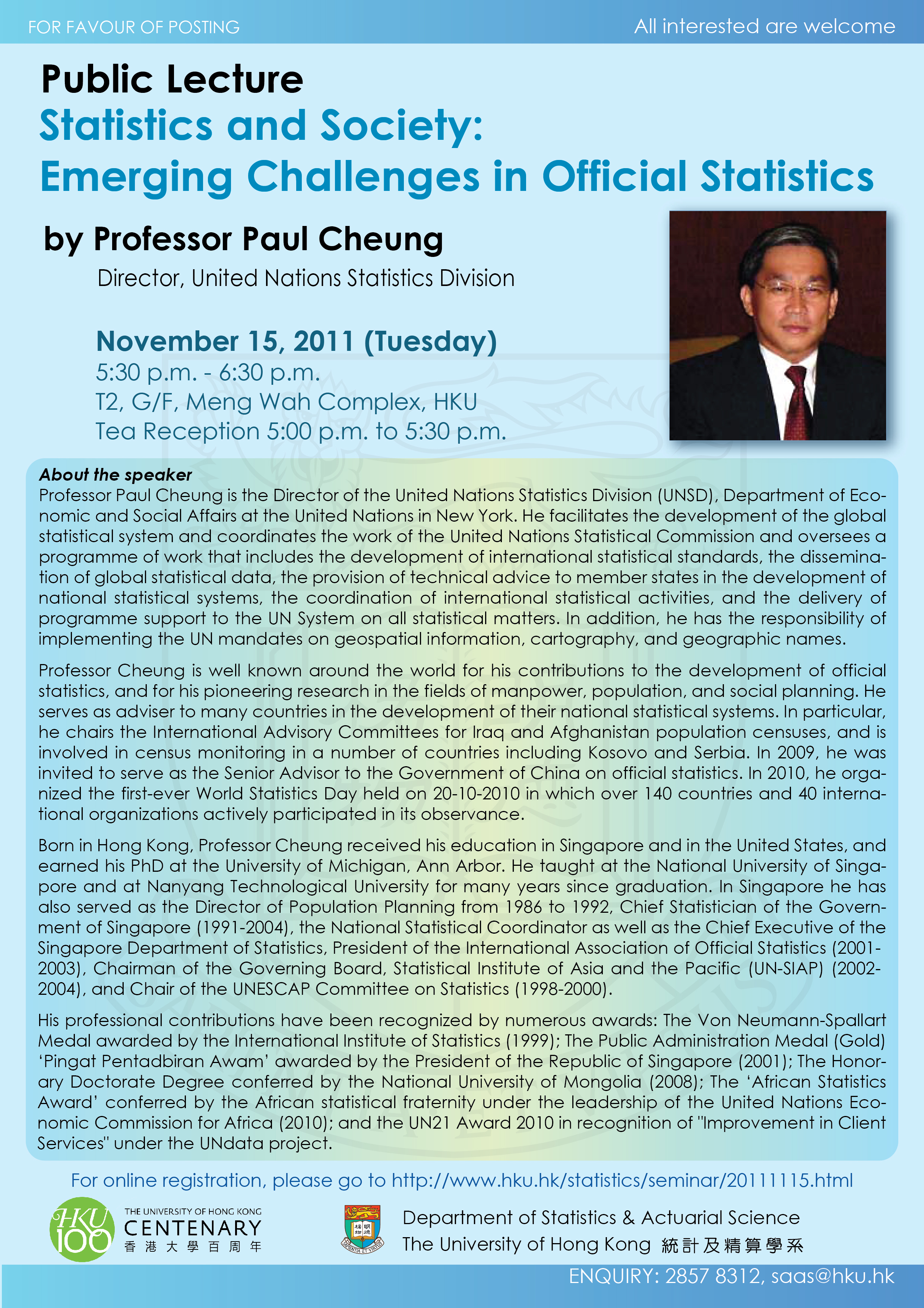 HKU100 Event: Public Lecture 'Statistics and Society: Emerging Challenges in Official Statistics' by Professor Paul Cheung on November 15, 2011