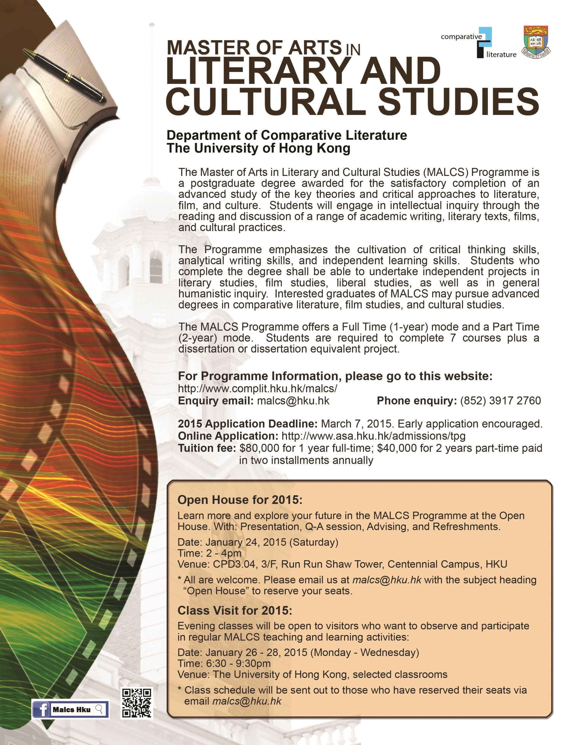 Master of Arts in Literary and Cultural Studies (MALCS) offered by the Department of Comparative Literature, HKU