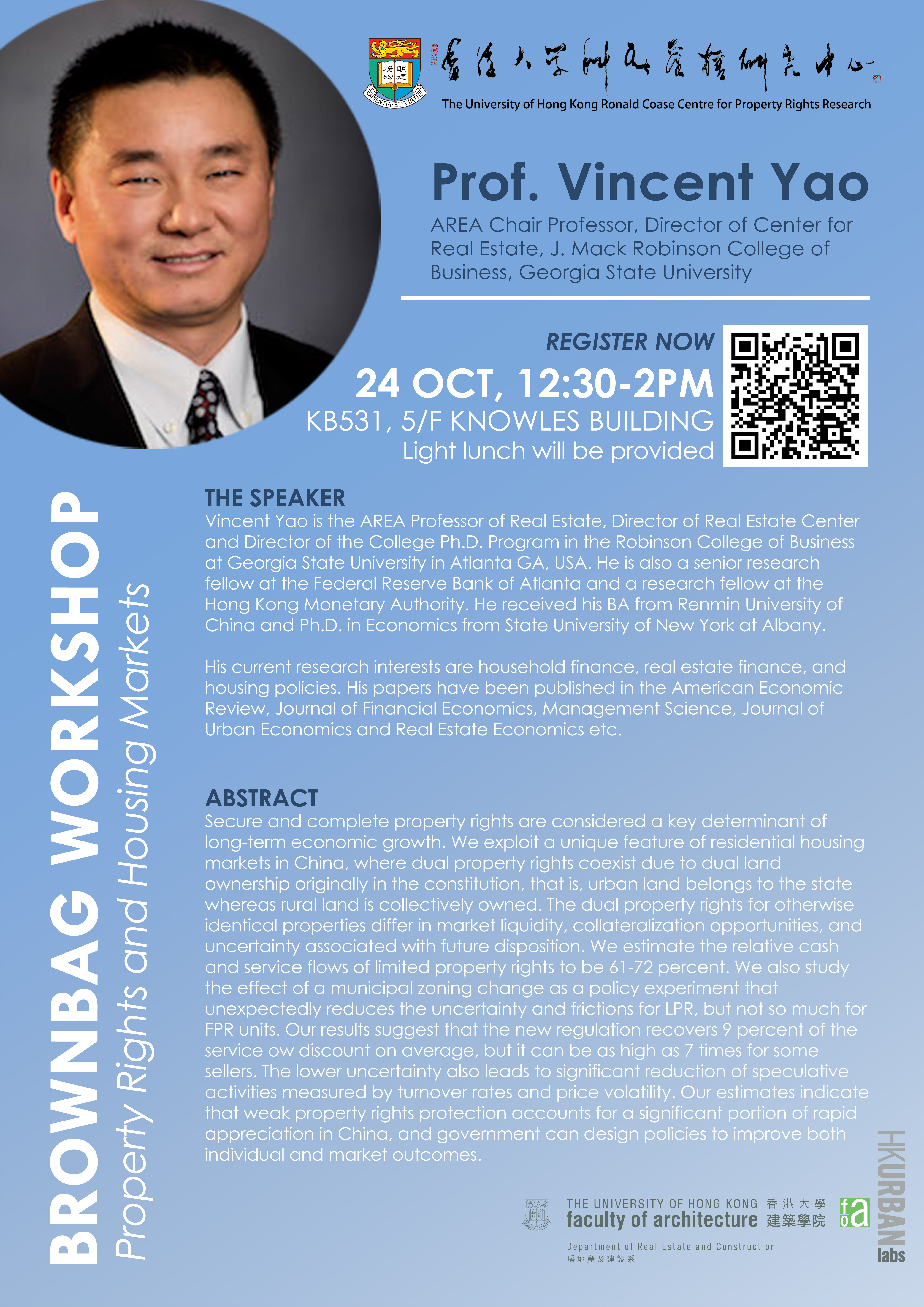 Brownbag Workshop (Oct 24): Prof. Vincent Yao, Georgia State University