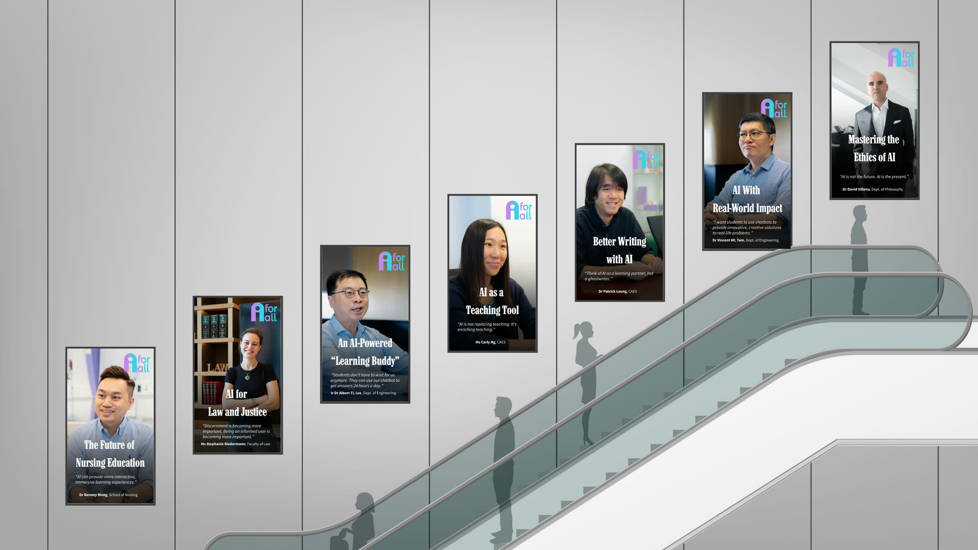 A campaign running across the seven portrait screens beside the Exit C escalator