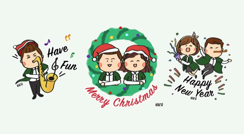 Season’s Greetings stickers with HKU students in Santa hats, a wreath and New Year confetti